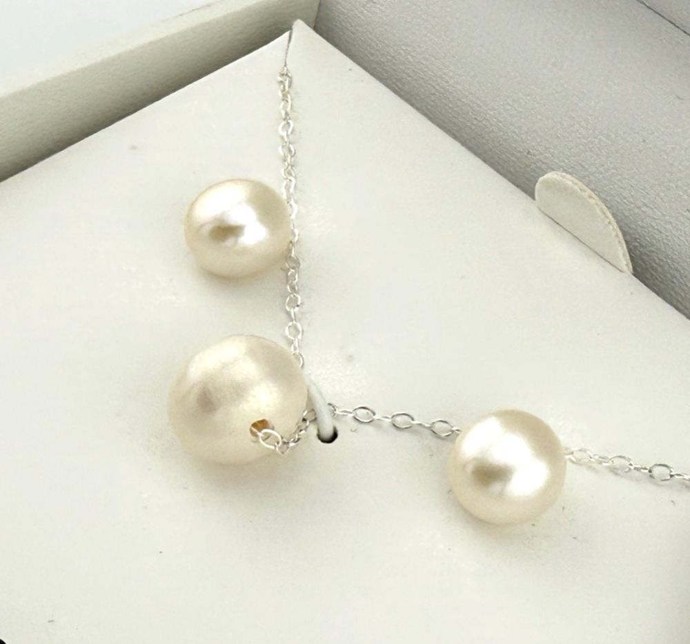 Freshwater Pearl Necklace + Earrings Set Sterling Silver 8-10mm Pendant Stud NEW